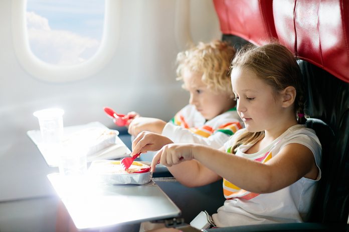 Kinderen zitten in vliegtuig